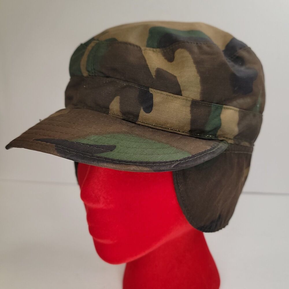 Vtg 1982 US Military Woodland Camo Cold Weather Cap Ear Flap Propper Sz 7 1/4